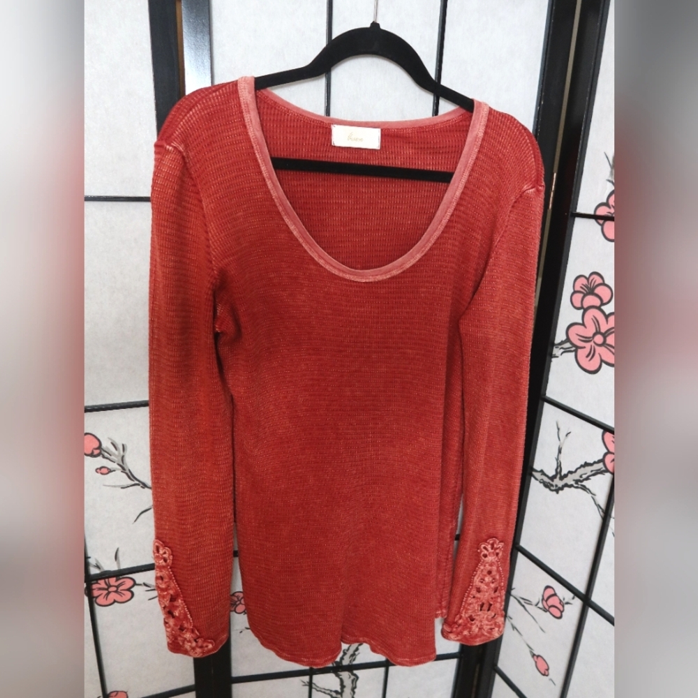 Braeve Red Knit Ribbed Long Sleeve Cotton Thermal Tunic Top Medium